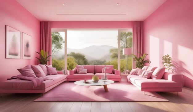 a pink living room with a pink couch and a coffee table