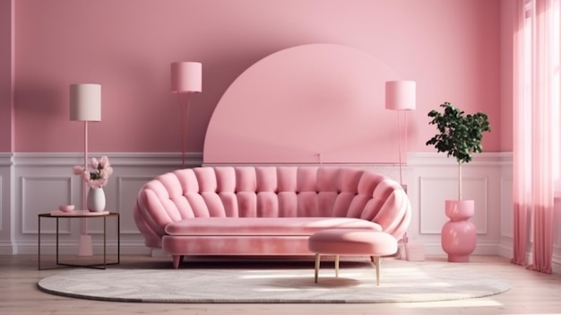 Pink living room with pink sofa and coffee tablegenerative ai