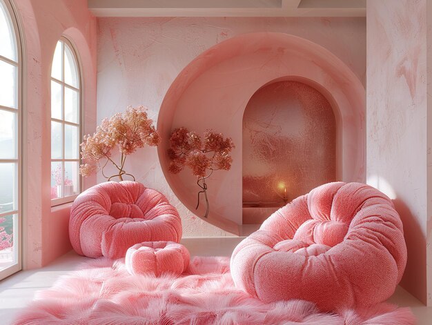 Photo a pink living room with pink and white furniture and a fireplace