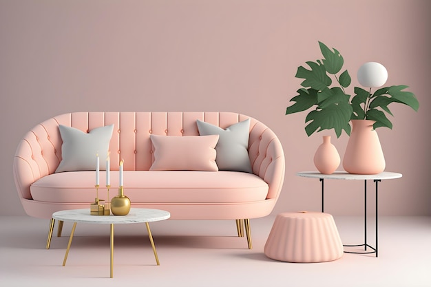 A pink living room with a sofa and a table with a plant on it.