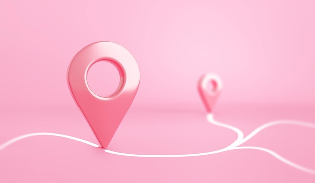 Pink location 3d icon on position place map navigation background with pastel direction pin point symbol or gps destination pointer marker route sign and discovery find road address delivery target