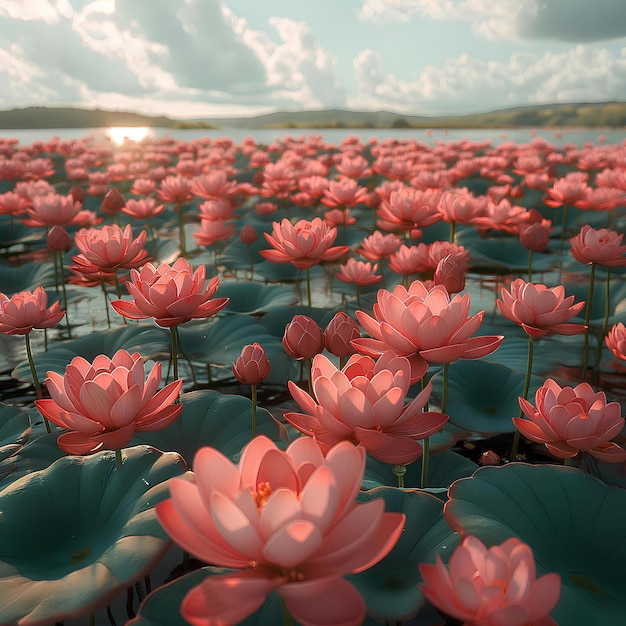 a pink lotus field bright sky and sun background