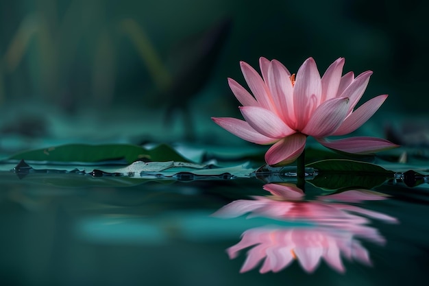 Photo pink lotus flower in full bloom with mirrored reflection on calm water surrounding green leaves