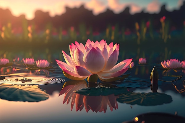 Pink lotus flower in the middle of a pond with cyan water Warm lighting