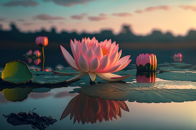 Pink lotus flower in the middle of a pond with cyan water Warm lighting