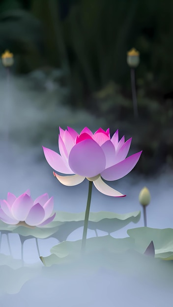 Pink lotus flower in the mist in the pond