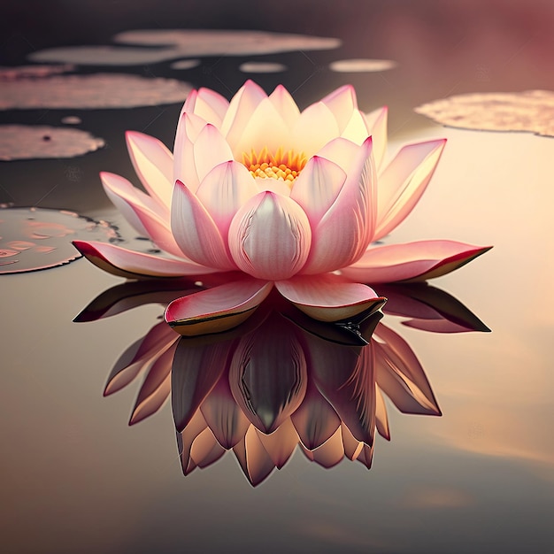 Pink lotus flower in still water at sunset