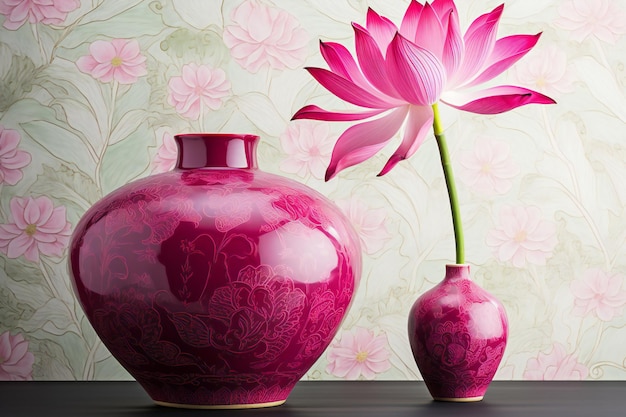 Pink lotus flower in vase on vintage wallpaper background Selective focus