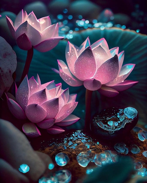 A pink lotus flower in the water with a stone in the background.