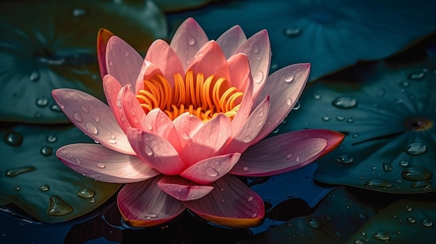 A pink lotus flower in the water with water droplets on it.