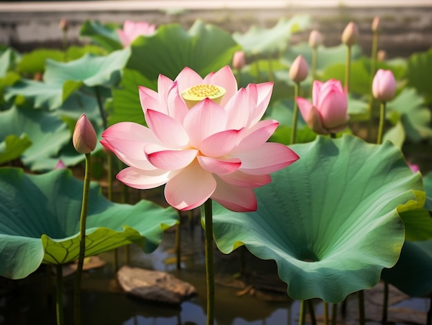 Pink lotus flower with leaves