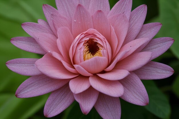 a pink lotus flower with a yellow center and the center of the flower