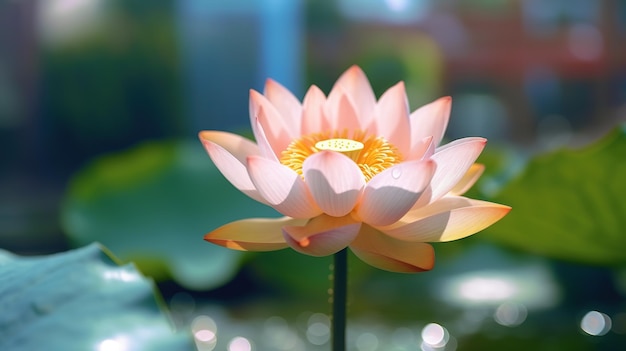 A pink lotus flower with a yellow center