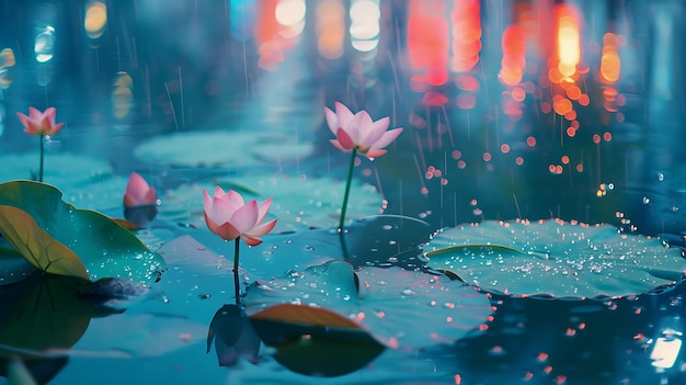 Pink Lotus Flowers Blooming in a Rainy Pond with City Lights in the Background