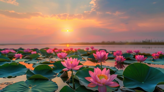 Pink Lotus Flowers at Sunset