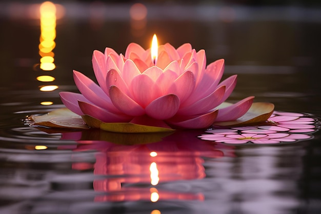 Pink lotus in the pond with water reflection and candle light