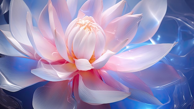 A pink lotus with a blue background and a white flower in the center.