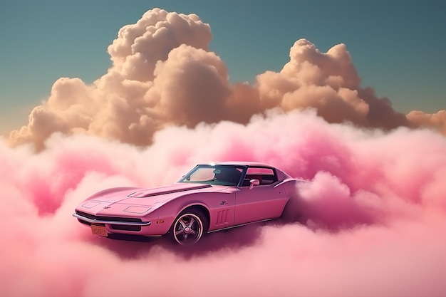 Pink luxury car in clouds and sky behind with pink color fogworld Ai Generated