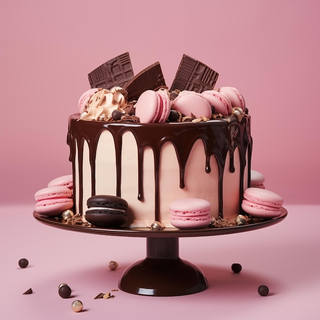 Pink macaron chocolate cake background