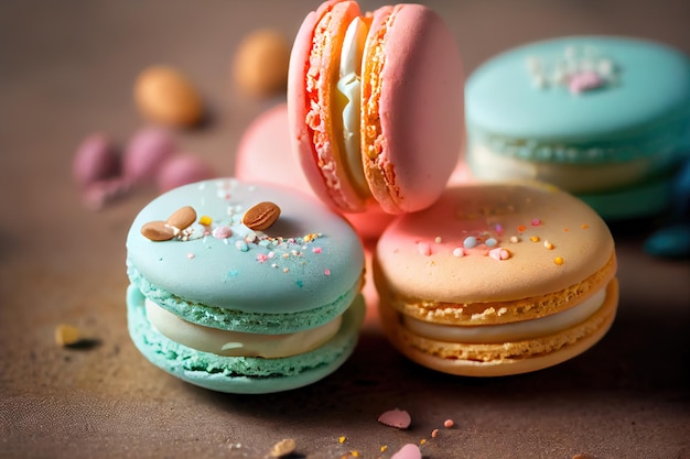 A pink macaroon with almonds on it