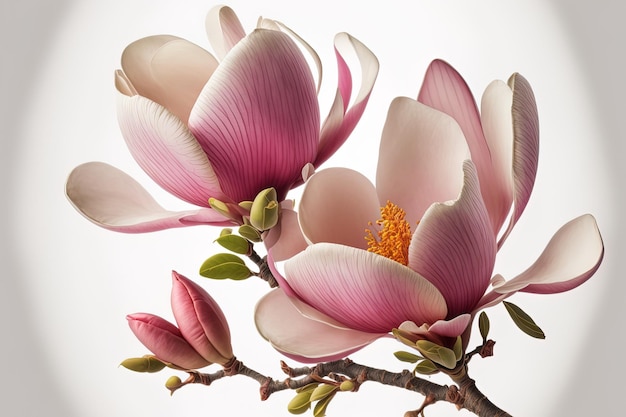 Pink magnolia blooms on a white background isolated