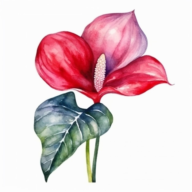 A pink magnolia flower with green leaves on a white background. watercolor illustration.