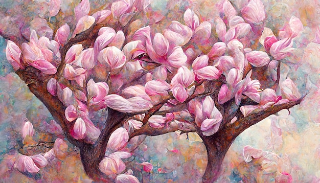 Pink magnolia tree in blossom