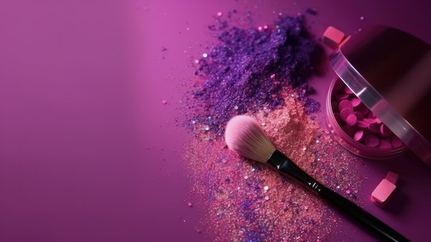 A pink makeup brush and makeup brush with pink glitter on the side.