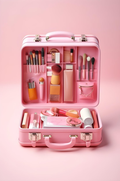 A pink makeup case with makeup on it