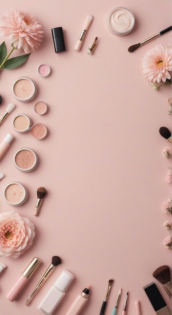 a pink makeup collection is on a pink background