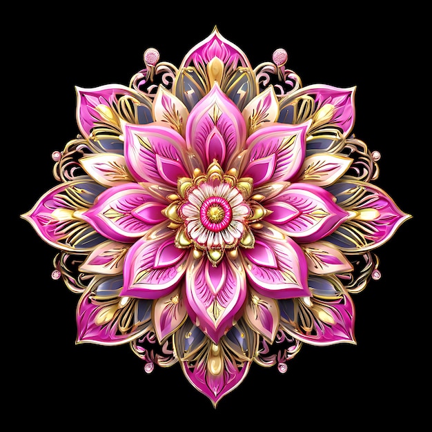 A pink mandala flower with gold accents