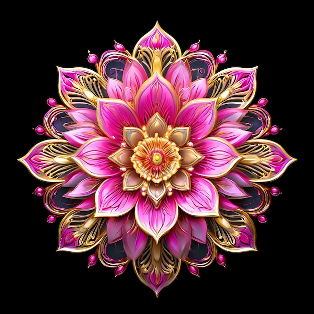 A pink mandala flower with gold accents