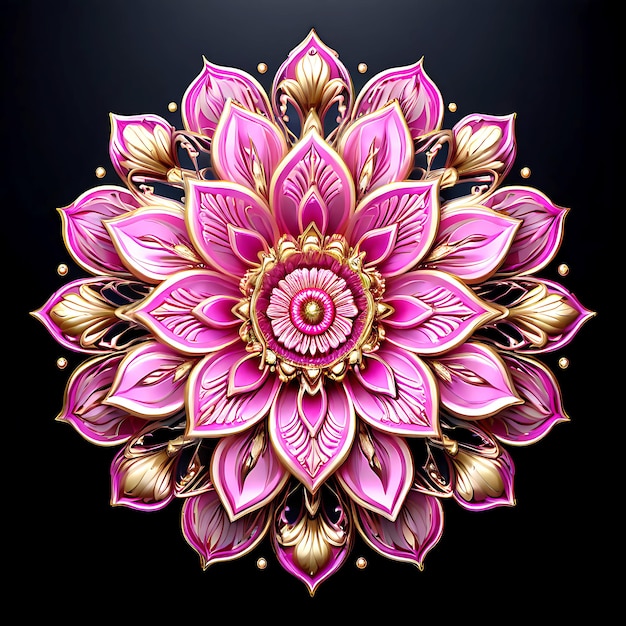 A pink mandala flower with gold accents