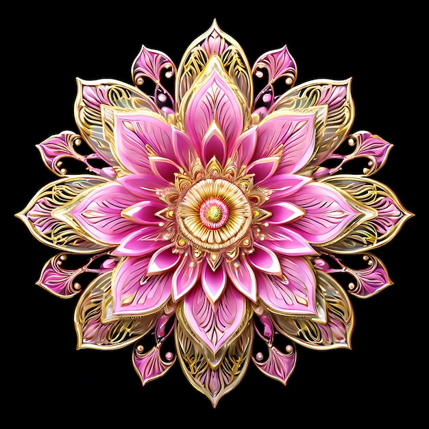 A pink mandala flower with gold accents