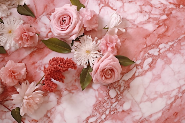 A pink marble background with pink roses and a white flower.