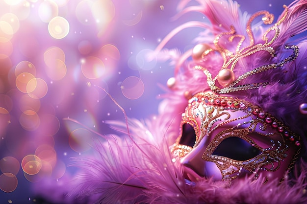 Pink masquerade mask with gold details and feathers against a purple bokeh background