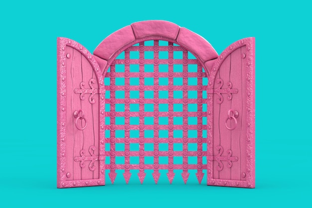 Pink Medieval Arch Stone Blocks Castle Gate with Metal Lattice in Duotone Style 3d Rendering