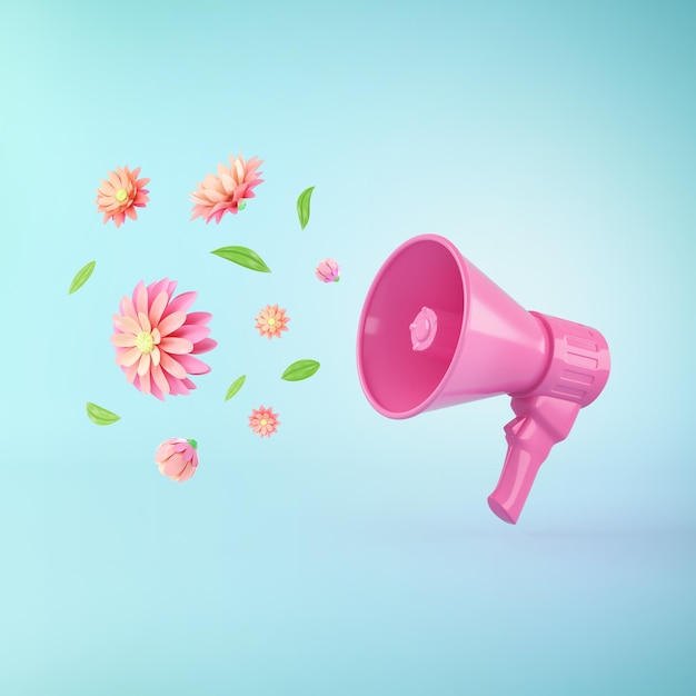 Pink megaphone with colorful summer flowers and green leaves 3d render illustration