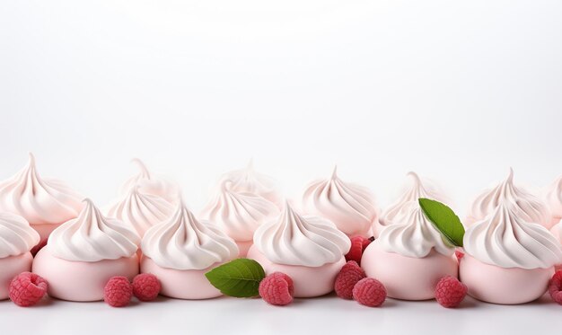 Pink Meringues with fresh berry isolated on white background