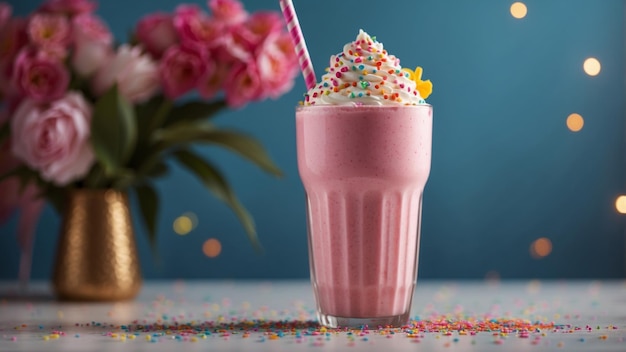 Photo pink milkshake topped with whipped cream and colorful sprinkles in glass striped straw