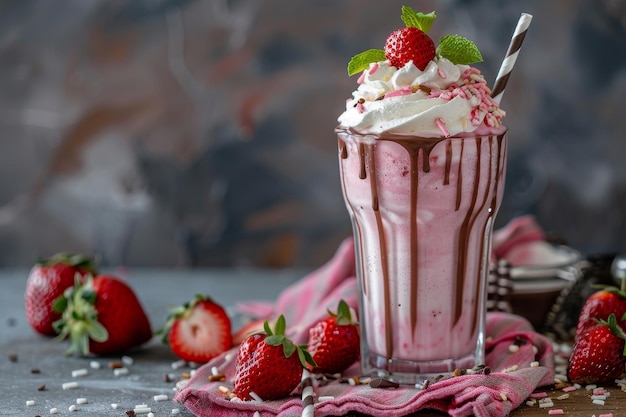 Photo a pink milkshake with whipped cream and strawberries on top