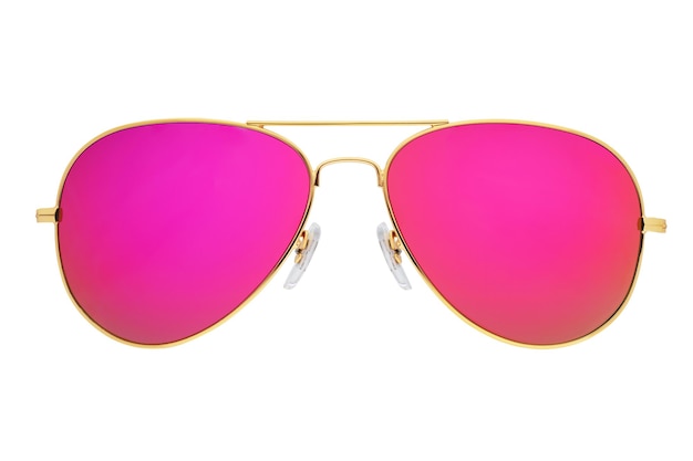 Pink mirror aviator sunglasses with golden frame isolated on white background