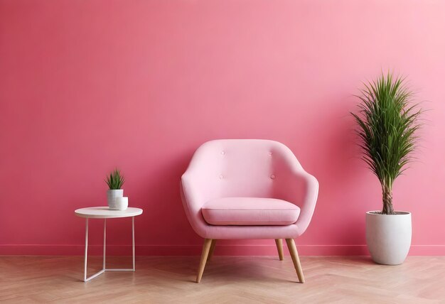 Pink modern chair against a pink wall wallpaper