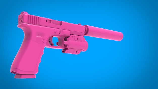 Photo pink modern handgun with silencer and laser attachment on bright blue background