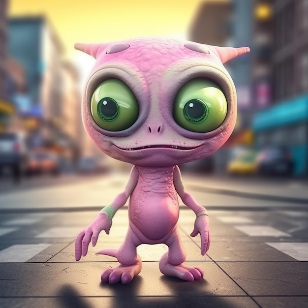 Photo a pink monster with green eyes stands on a crosswalk