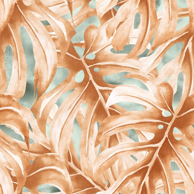 Pink monstera leaves on pastel blue background watercolor seamless pattern