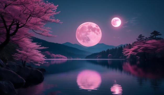 A pink moon is reflected in the water and the pink moon is reflected in the water