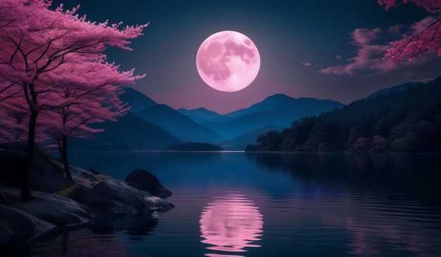 A pink moon is reflected in the water with a pink full moon in the background