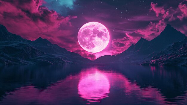 Photo a pink moon is reflected in the water with a pink moon in the background