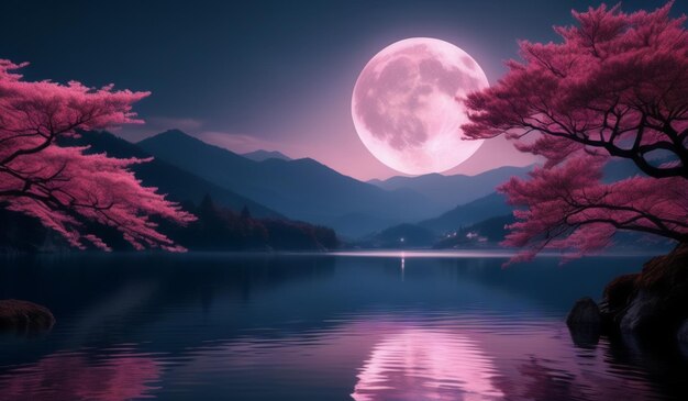 A pink moon is reflected in the water